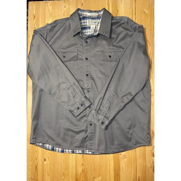 L.L. Bean Other - LL BEAN Gray Canvas Flannel Lined Button Shirt Jacket Traditional Fit Mens Sz XL